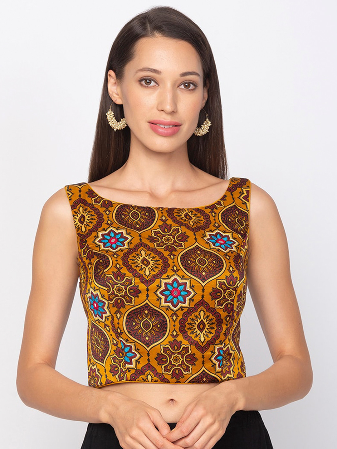 Buy Salwar Studio Mustard Yellow Printed Regular Ethnic Crop Top Tops