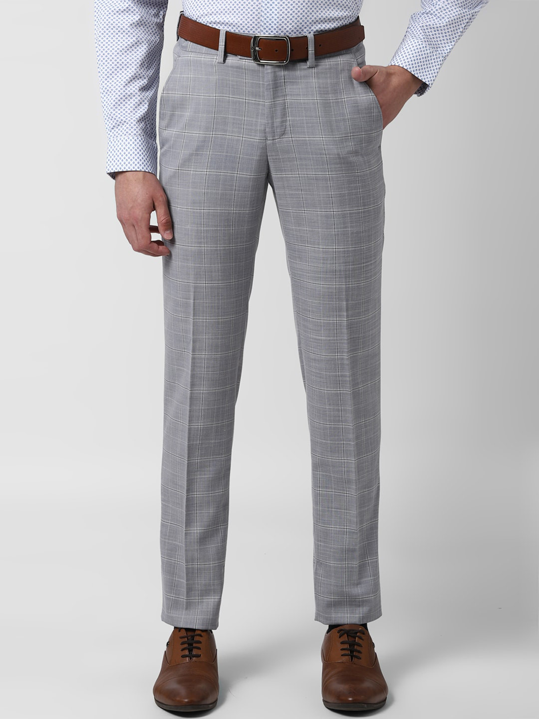 Buy Peter England Elite Men Grey Slim Fit Checked Formal Trousers ...