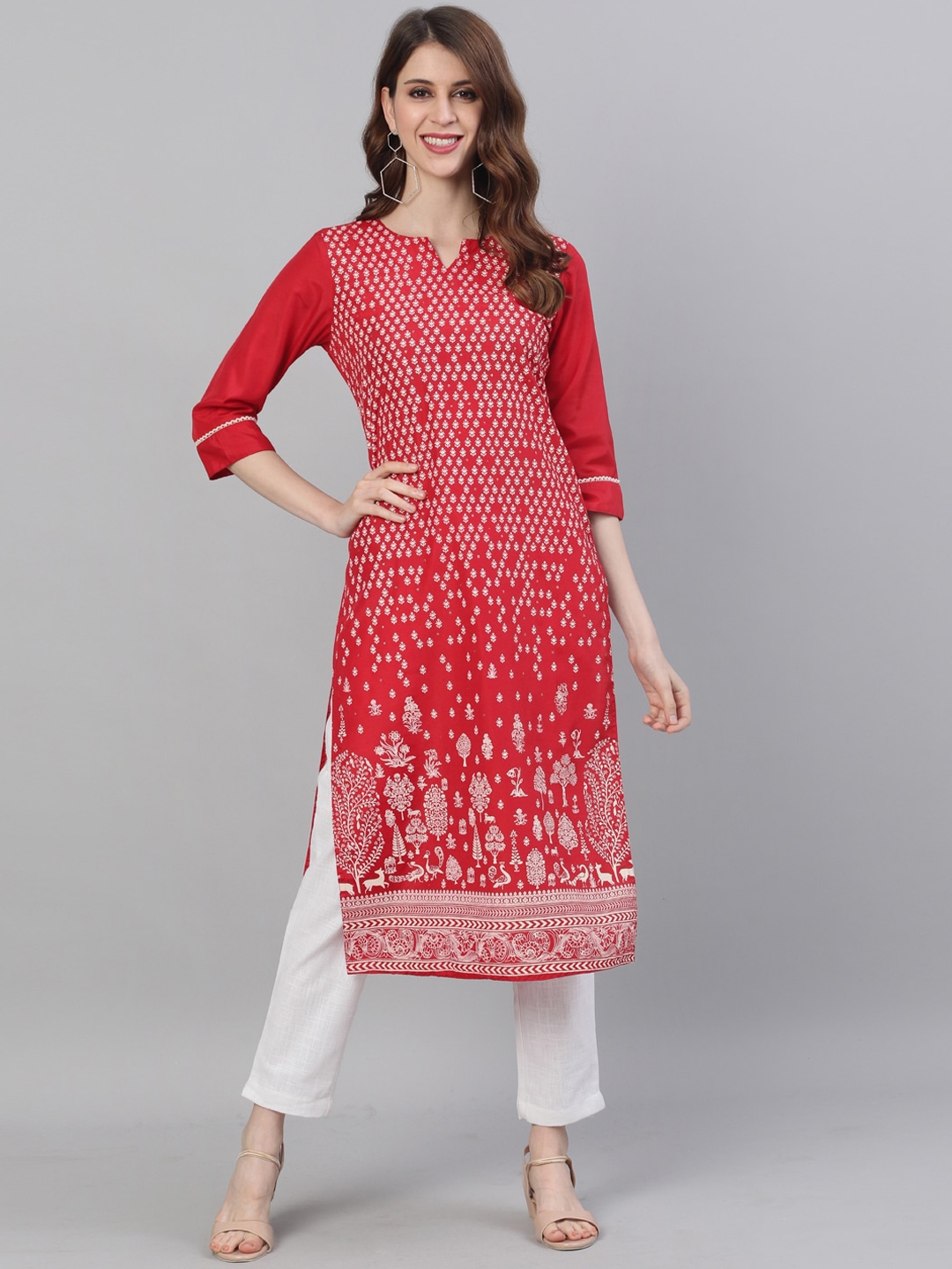 Buy Jaipur Kurti Women Red & White Printed Kurta With Trousers - Kurta ...