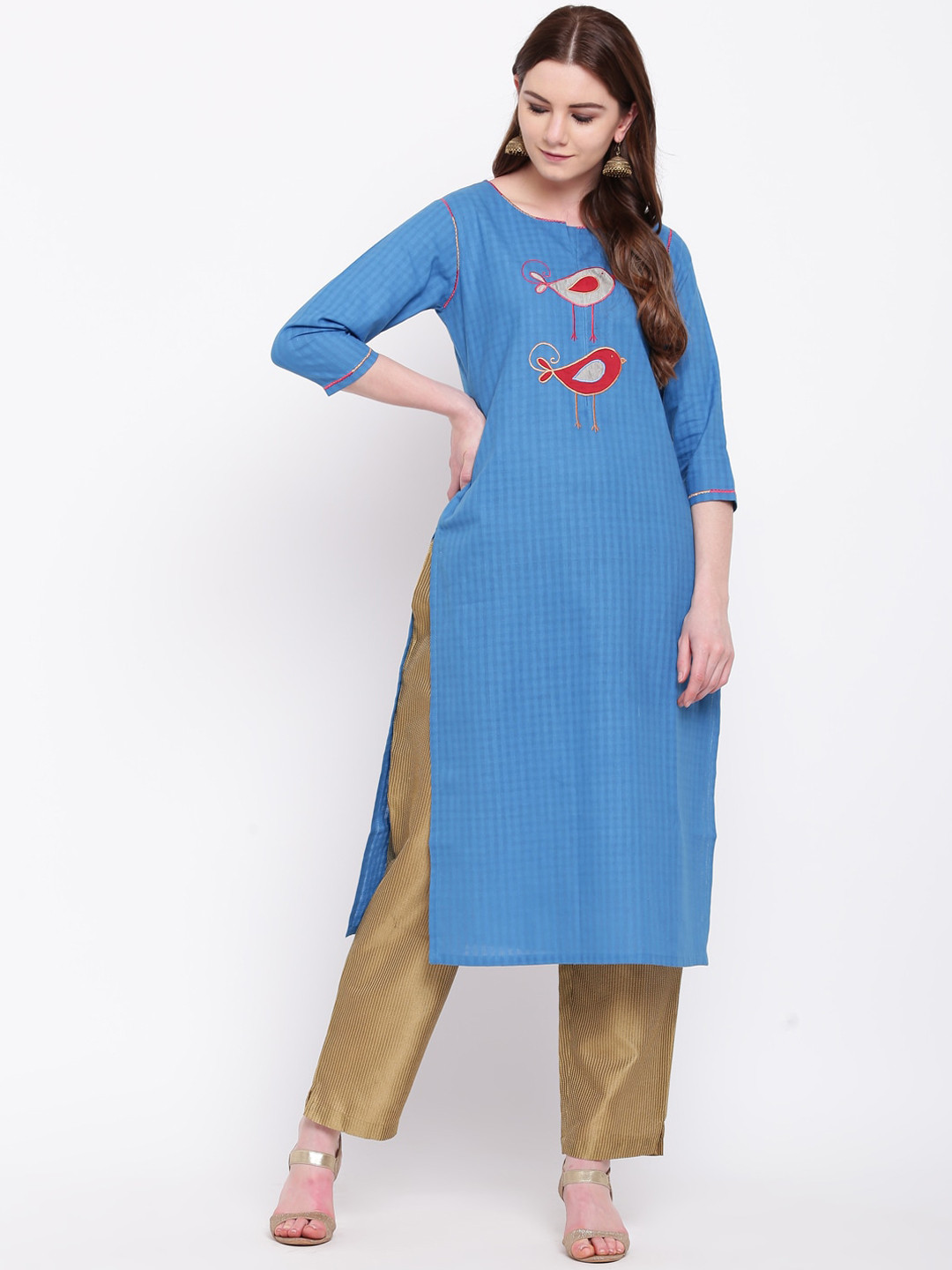 Buy Shakumbhari Women Blue & Red Checked Patchwork Kurta Kurtas for