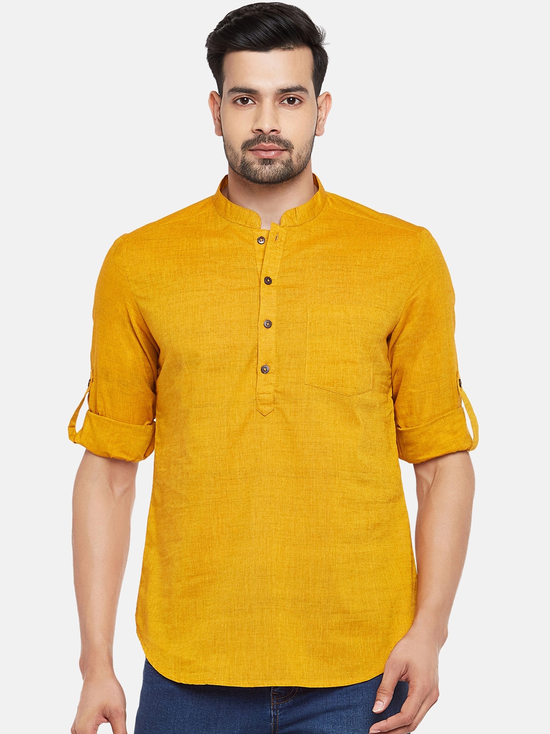 Buy Indus Route By Pantaloons Men Mustard Yellow Solid Short Kurta ...