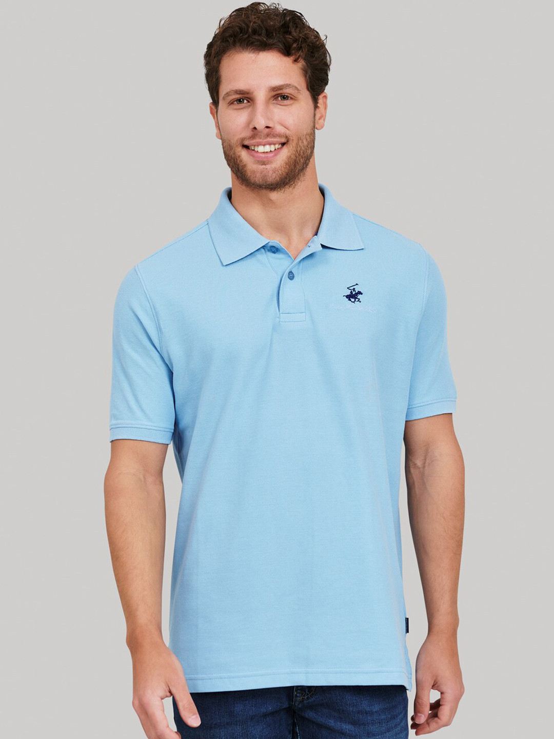 Buy Beverly Hills Polo Club Men Blue Self Design Polo Collar T Shirt