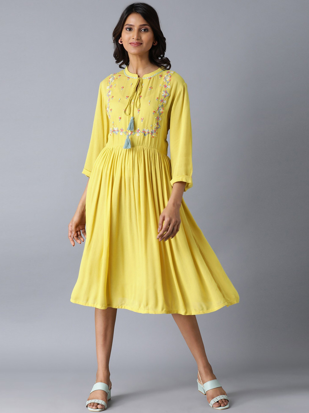 Buy W Women Yellow Solid A Line Dress Ethnic Dresses for Women
