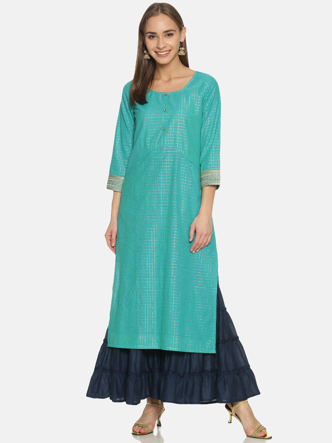 Buy Saffron Threads Women Sea Green & Gold Toned Checked Kurta Kurtas