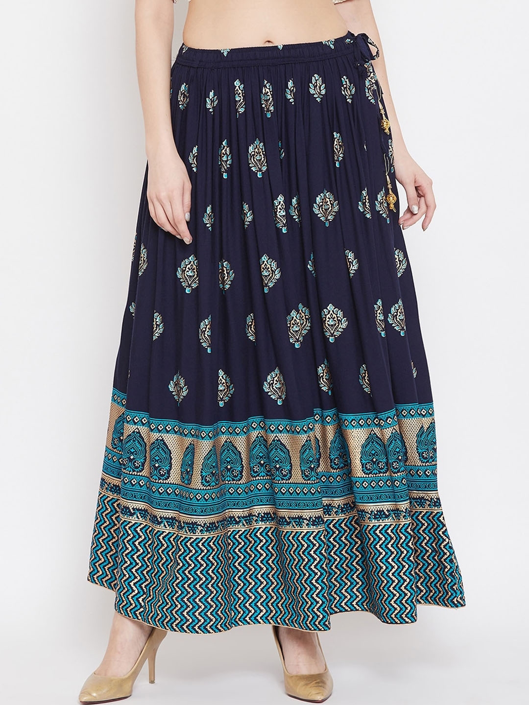 Buy Clora Creation Women Navy Blue & Gold Coloured Printed Flared Maxi ...