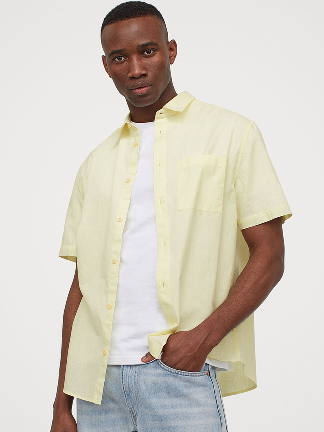 Buy H&M Men Yellow Solid Short Sleeved Cotton Sustainable Shirt