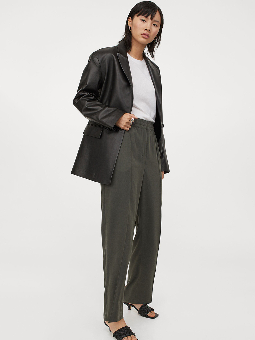 Buy H&M Women Green Solid Tailored Trousers Trousers for Women