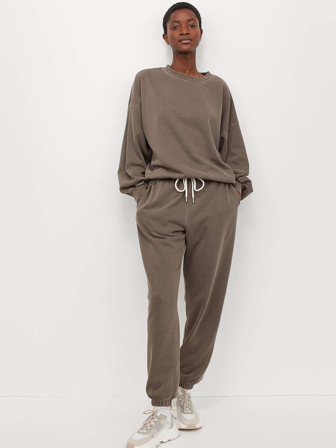 Buy H&M Women Beige Cotton Blend Joggers Trousers for Women 13965050