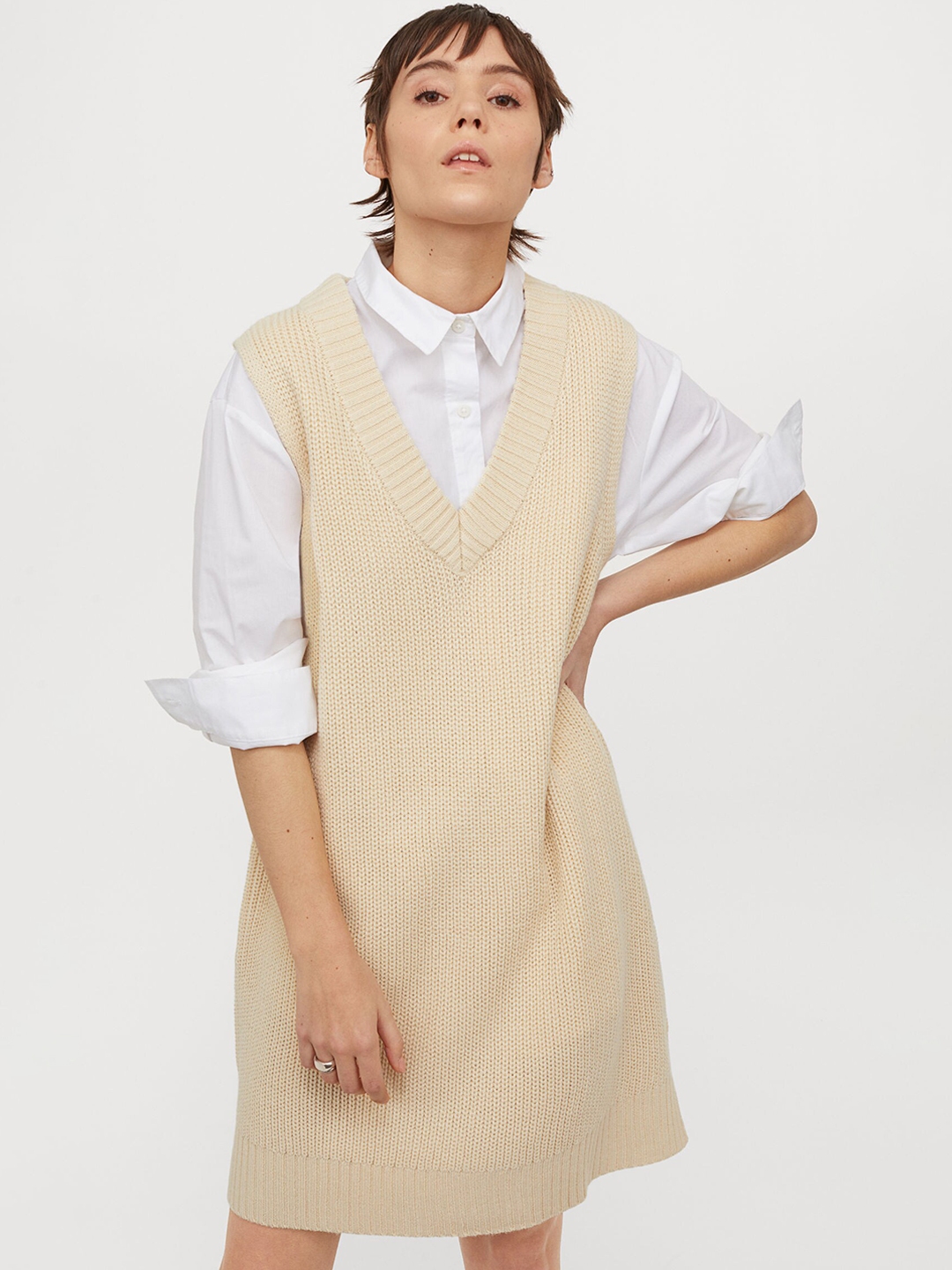 Buy H&M Women Beige Solid Knitted Sweater Vest Dress Dresses for