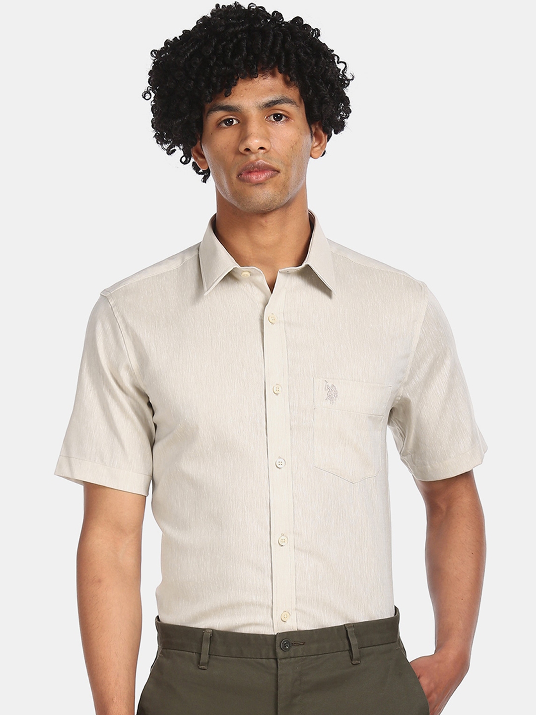 Buy U.S. Polo Assn. Men Beige Regular Fit Solid Cotton Formal Shirt ...