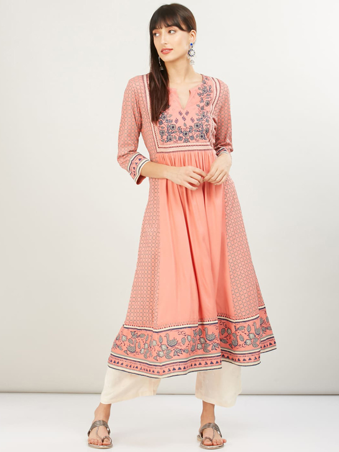 Peach Printed Half Sleeve Short Anarkali Kurta