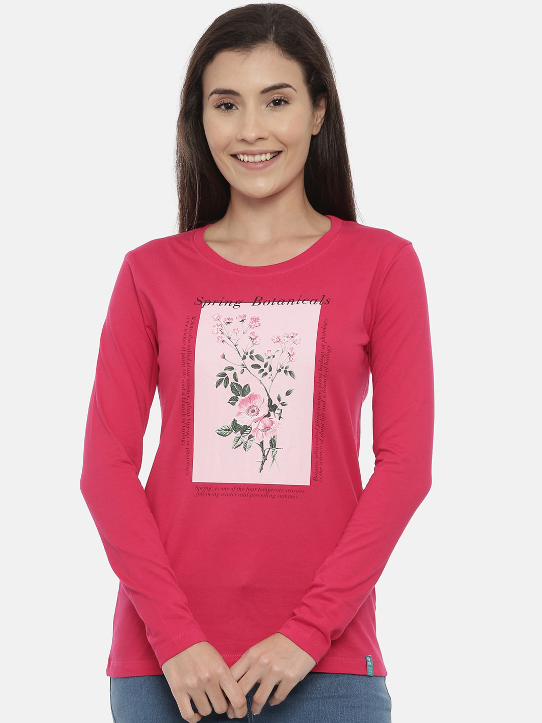 Women's Pink Typography Printed Round Neck Cotton Slim Fit T-Shirt