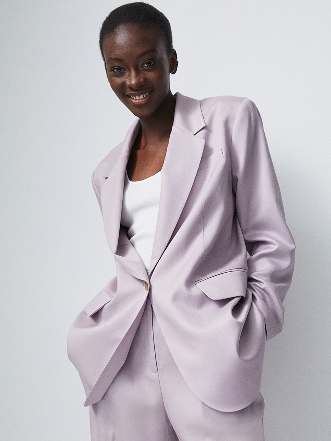 Buy H&M Women Lavender Solid Oversized Lyocell Blend Jacket Blazers