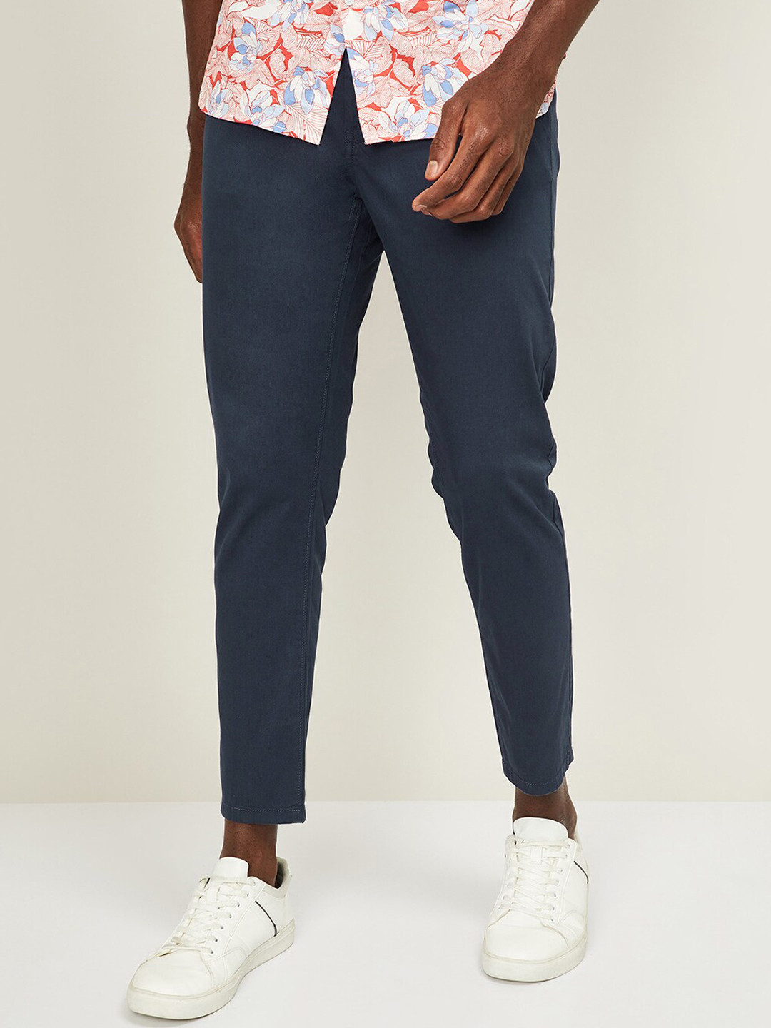 Buy CODE By Lifestyle Men Navy Blue Slim Fit Solid Chinos - Trousers ...