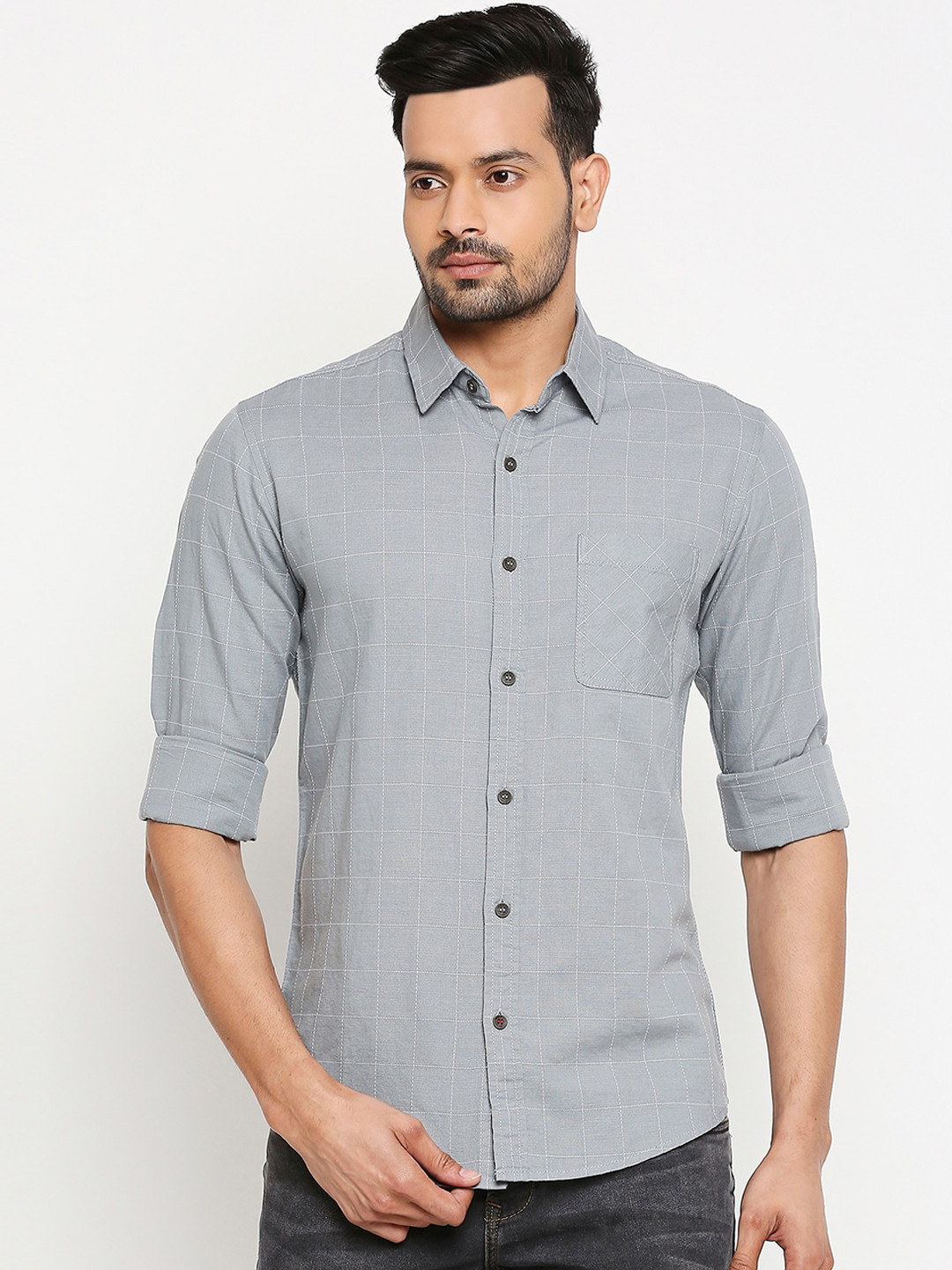 Buy Mufti Men Grey Slim Fit Checked Casual Shirt Shirts for Men