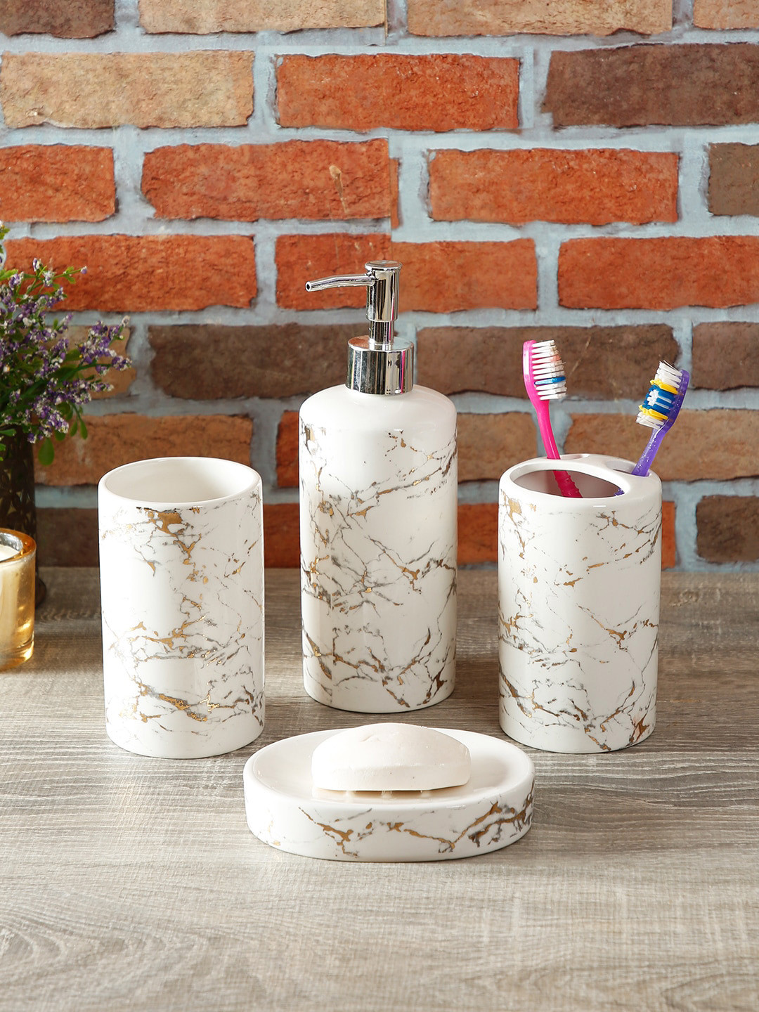 Buy House Of Accessories Set Of 4 Off White Solid Ceramic Bathroom