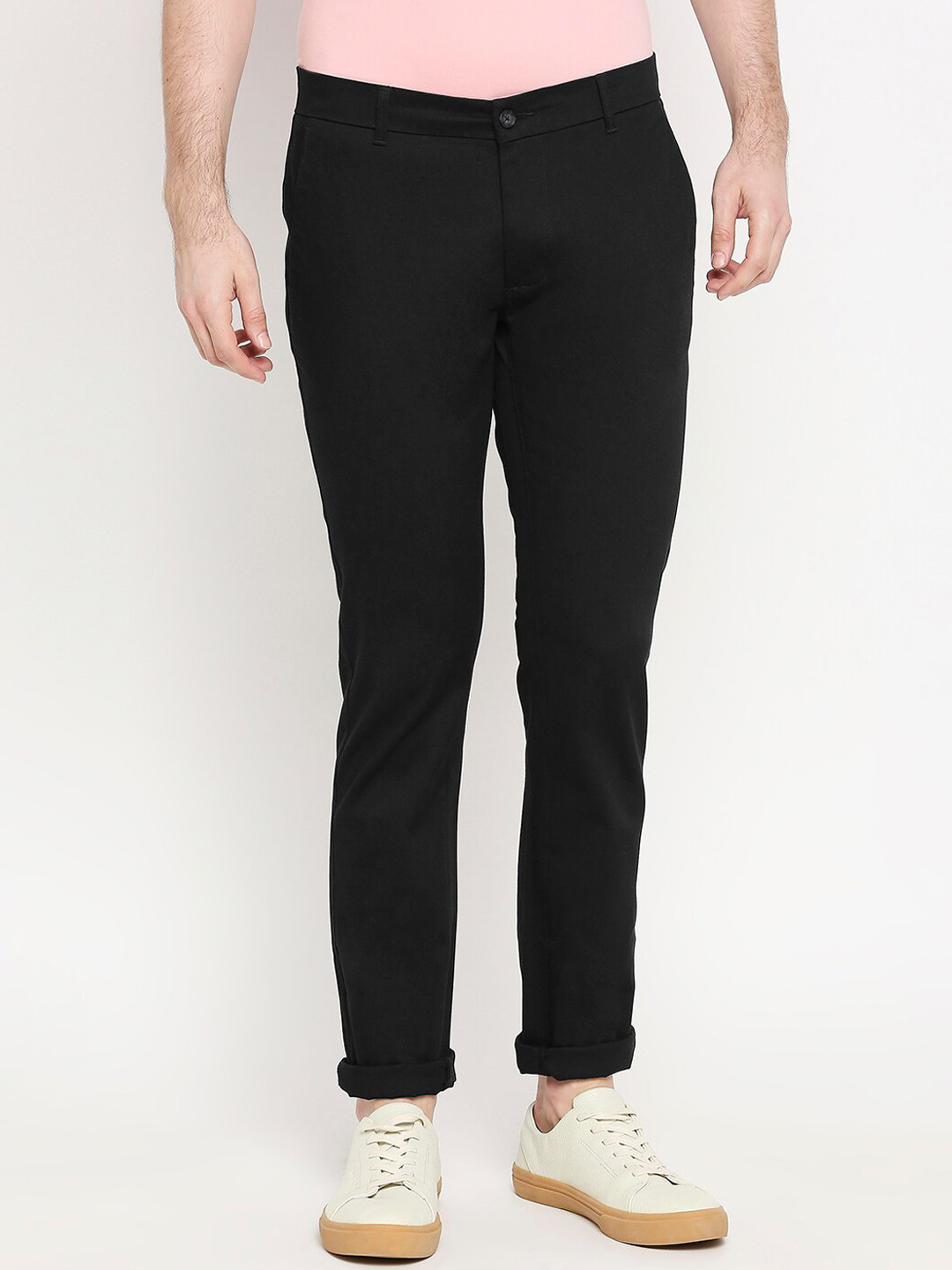 Buy Basics Men Black Tapered Fit Solid Regular Trousers - Trousers for ...