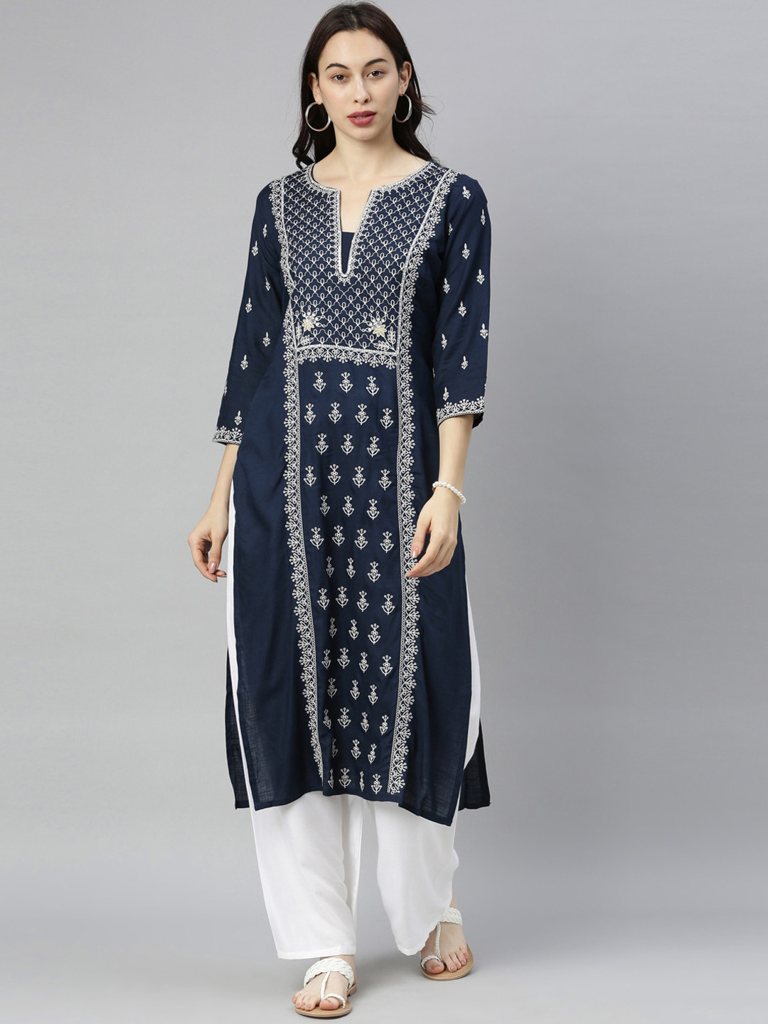 Women's Navy Blue Striped Straight Thread Work Kurta