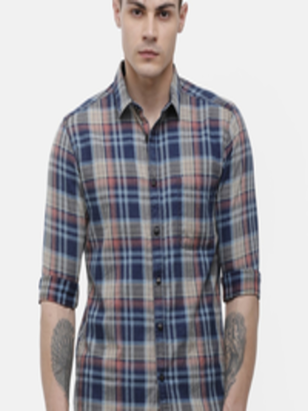Buy Voi Jeans Men Navy Blue & Beige Slim Fit Checked Casual Shirt ...