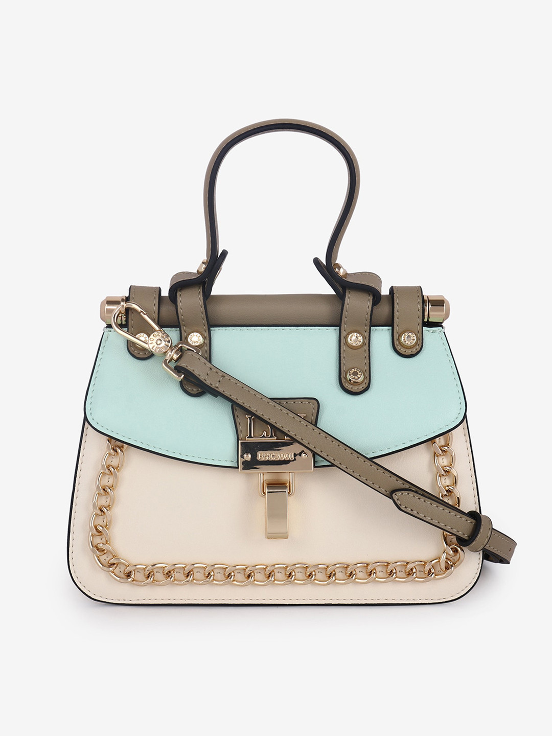 Buy LYN Cream Coloured Colourblocked Embellished Satchel Bag Handbags