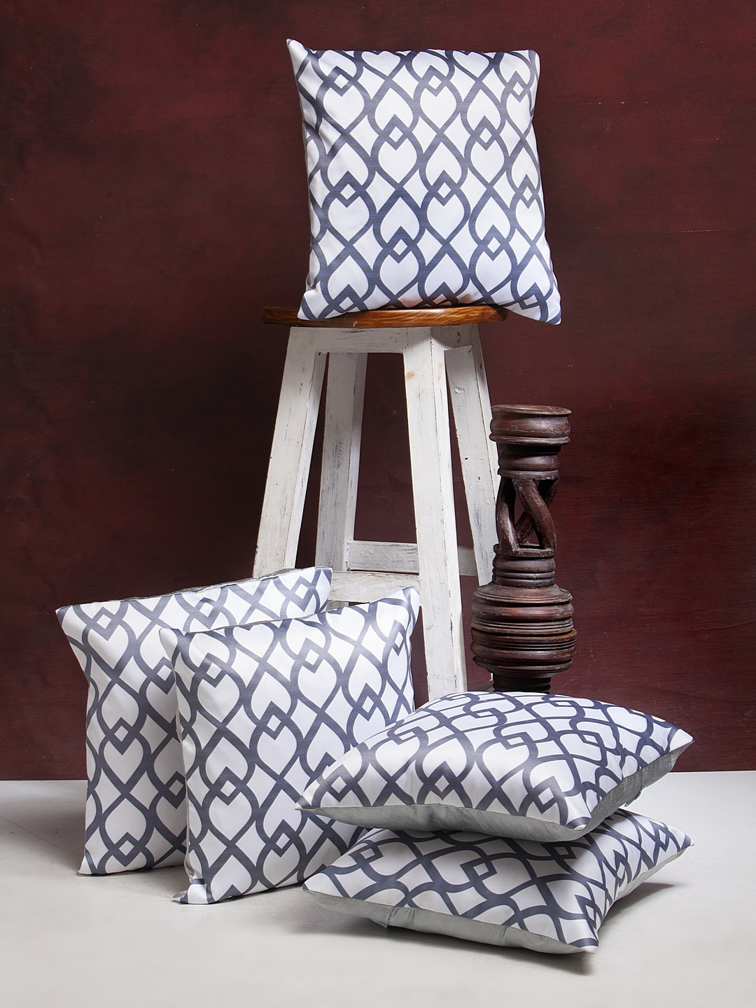 Buy HOSTA HOMES White & Grey Set Of 5 Geometric Square Cushion Covers