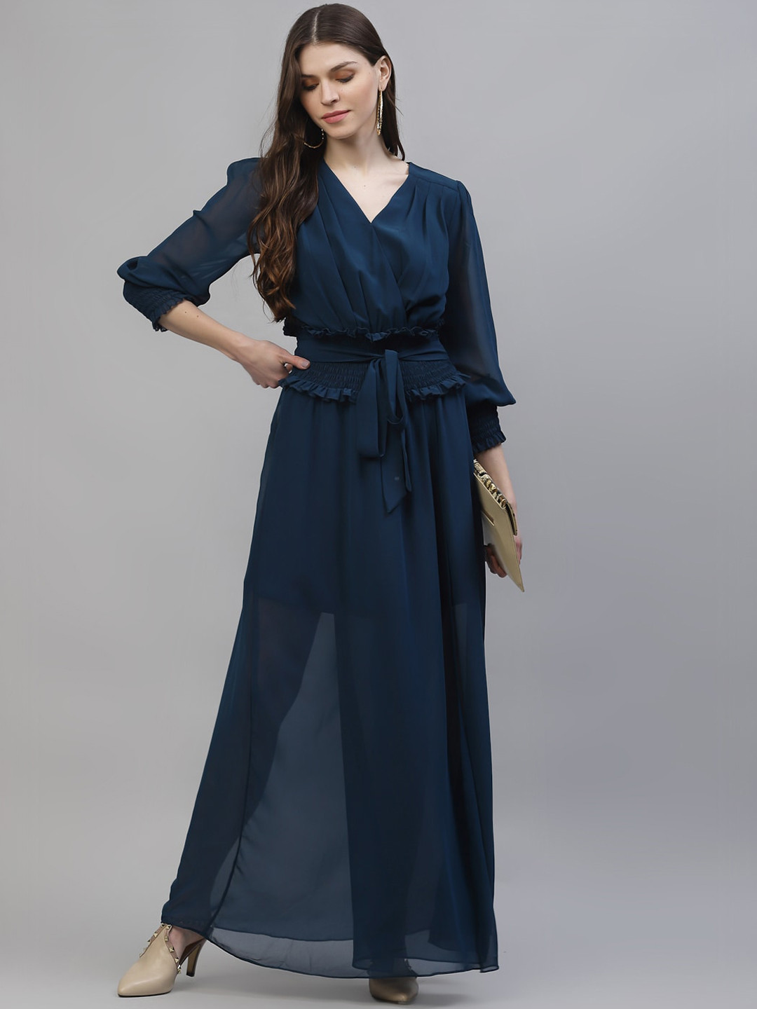 Women Teal Solid Georgette Dress With Doris At Waist & Mirror Work main image 0