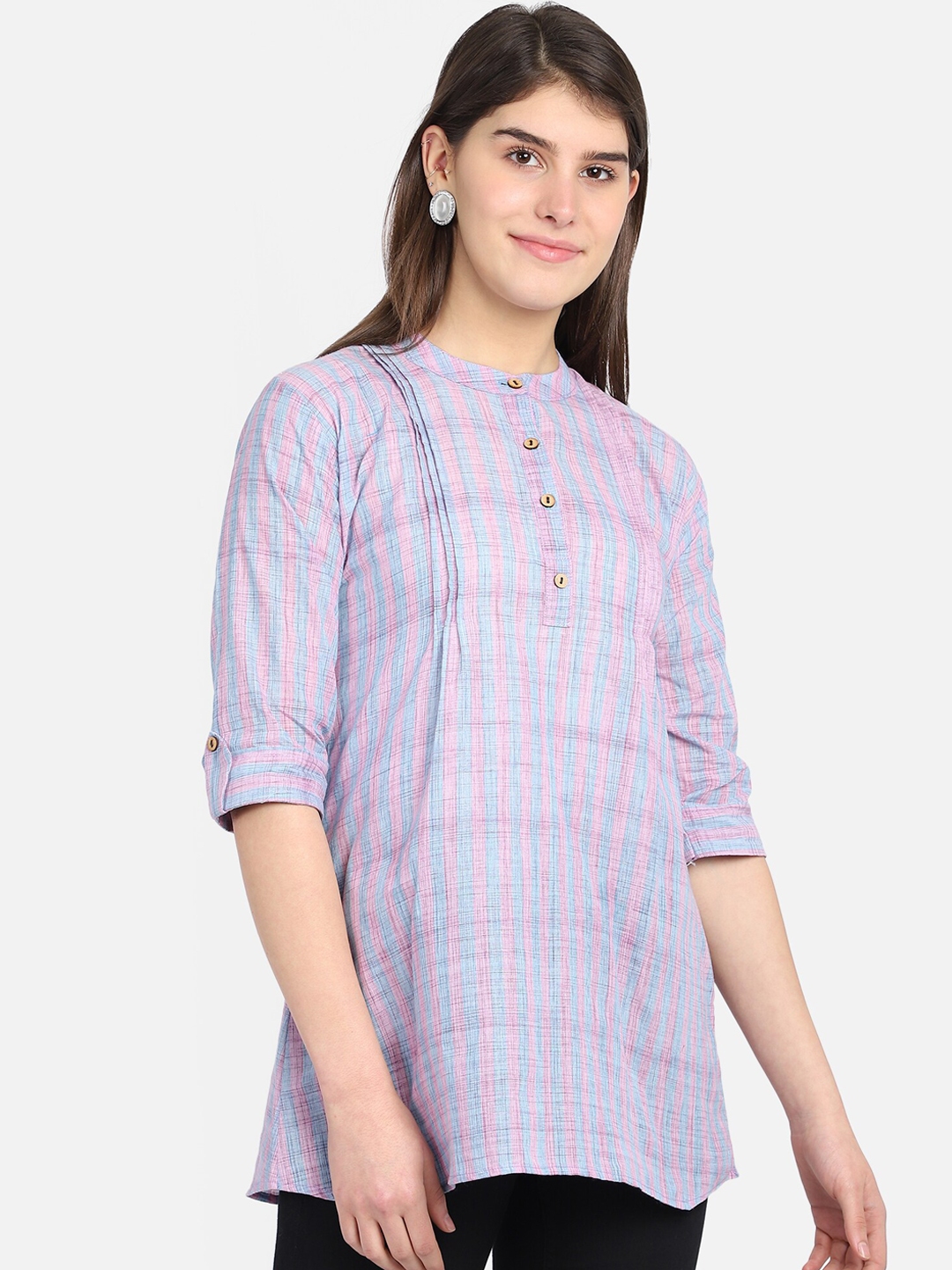 Buy Sahora Women Blue & Pink Striped Shirt Style Top - Tops for Women ...