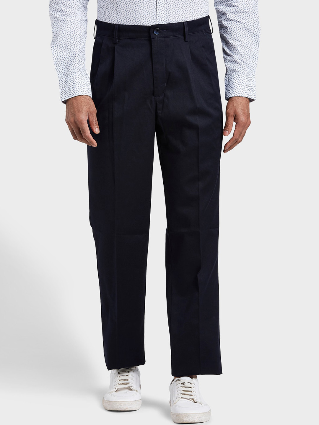 Buy ColorPlus Men Navy Blue Regular Fit Solid Regular Trousers ...