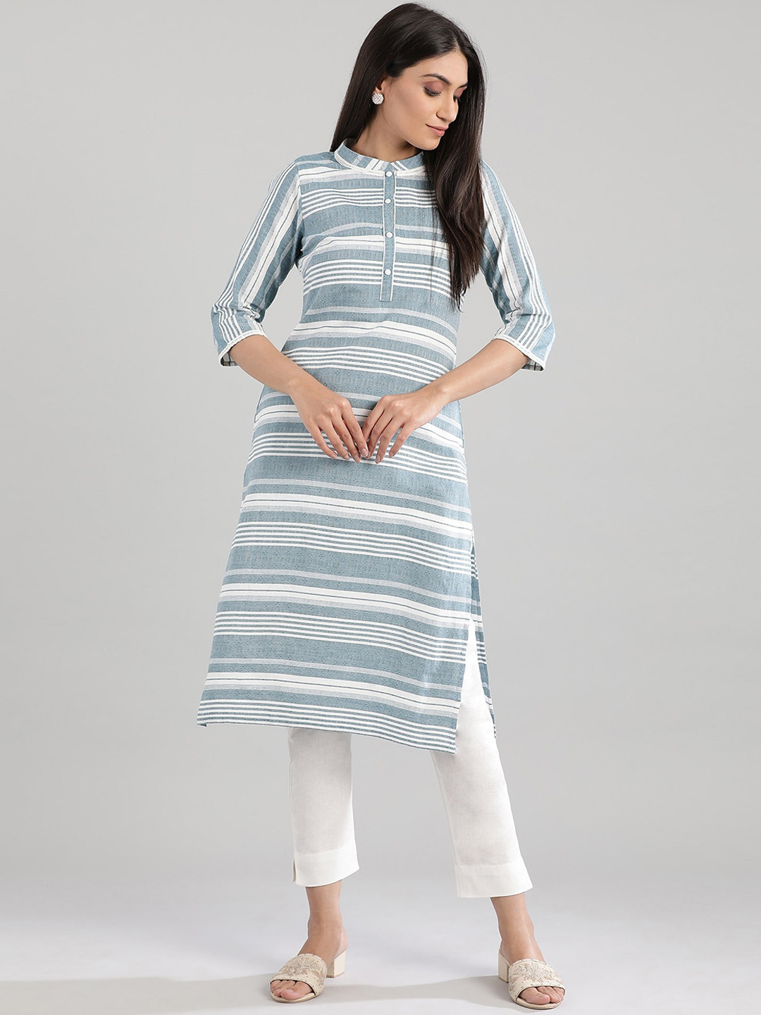 Buy AURELIA Women Blue & Off White Striped Kurta Kurtas for Women 13830332 Myntra
