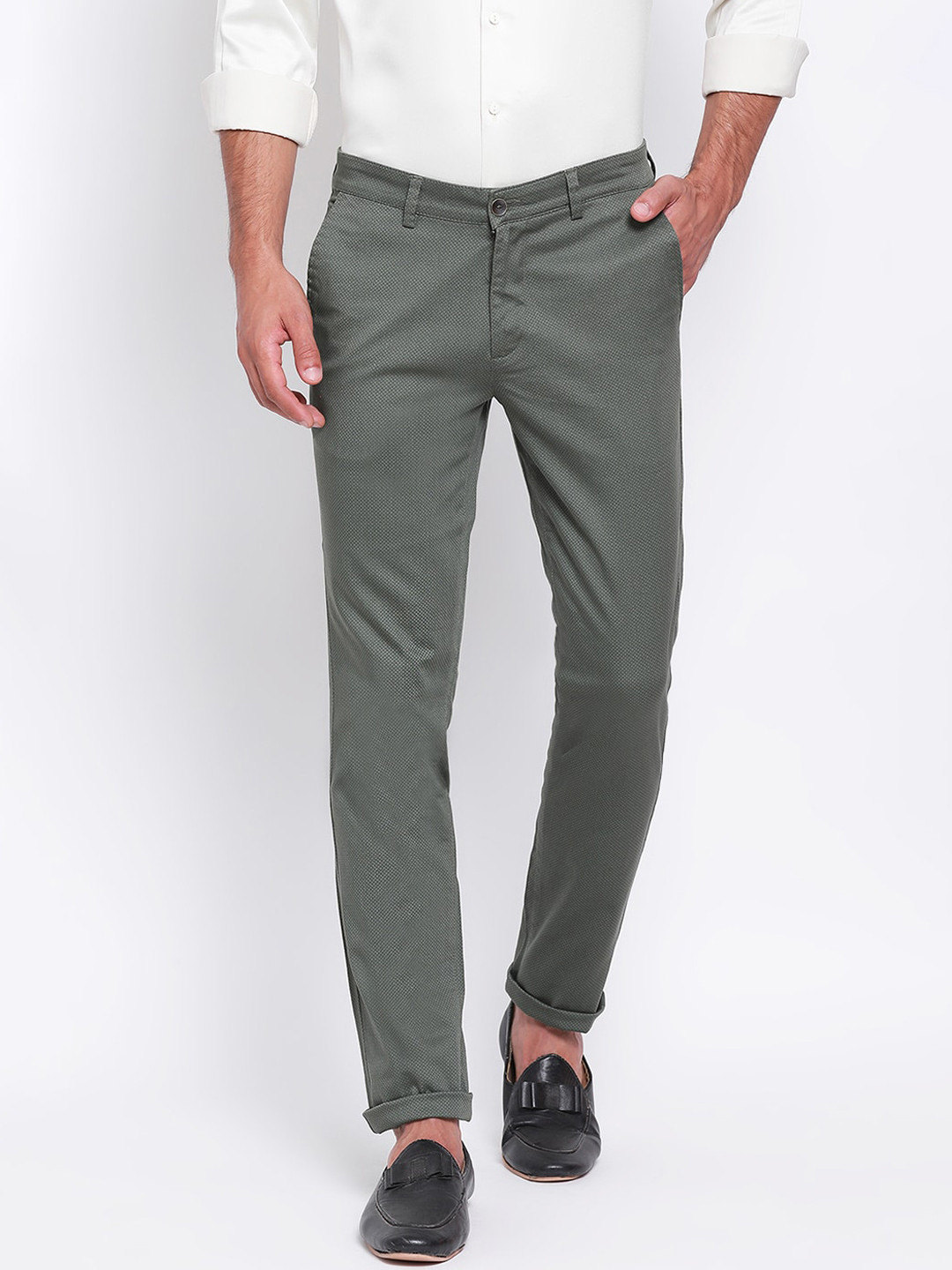 Buy Turtle Men Olive Green Slim Fit Solid Regular Trousers - Trousers ...