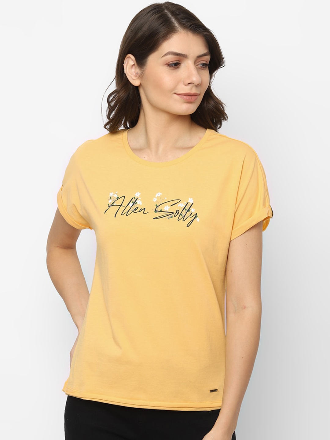Buy Allen Solly Woman Women Pure Cotton Yellow Brand Logo Print Round ...