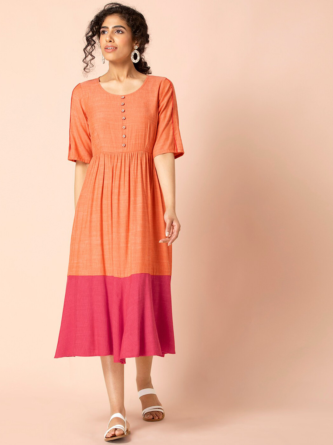 Buy Earthen BY INDYA Orange Pink Colorblock A Line Dress Ethnic