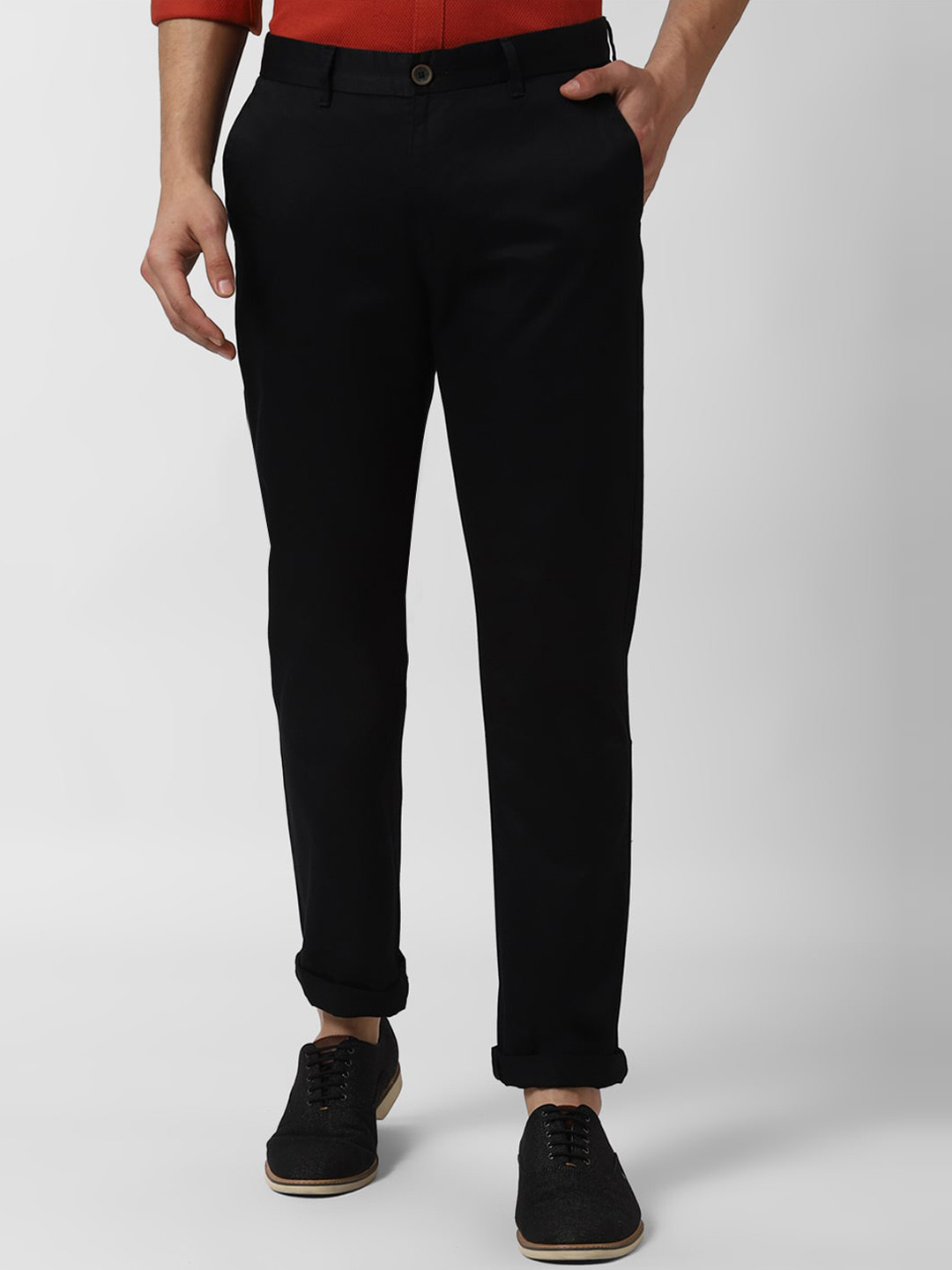 Buy Peter England Casuals Men Black Slim Fit Solid Regular Trousers