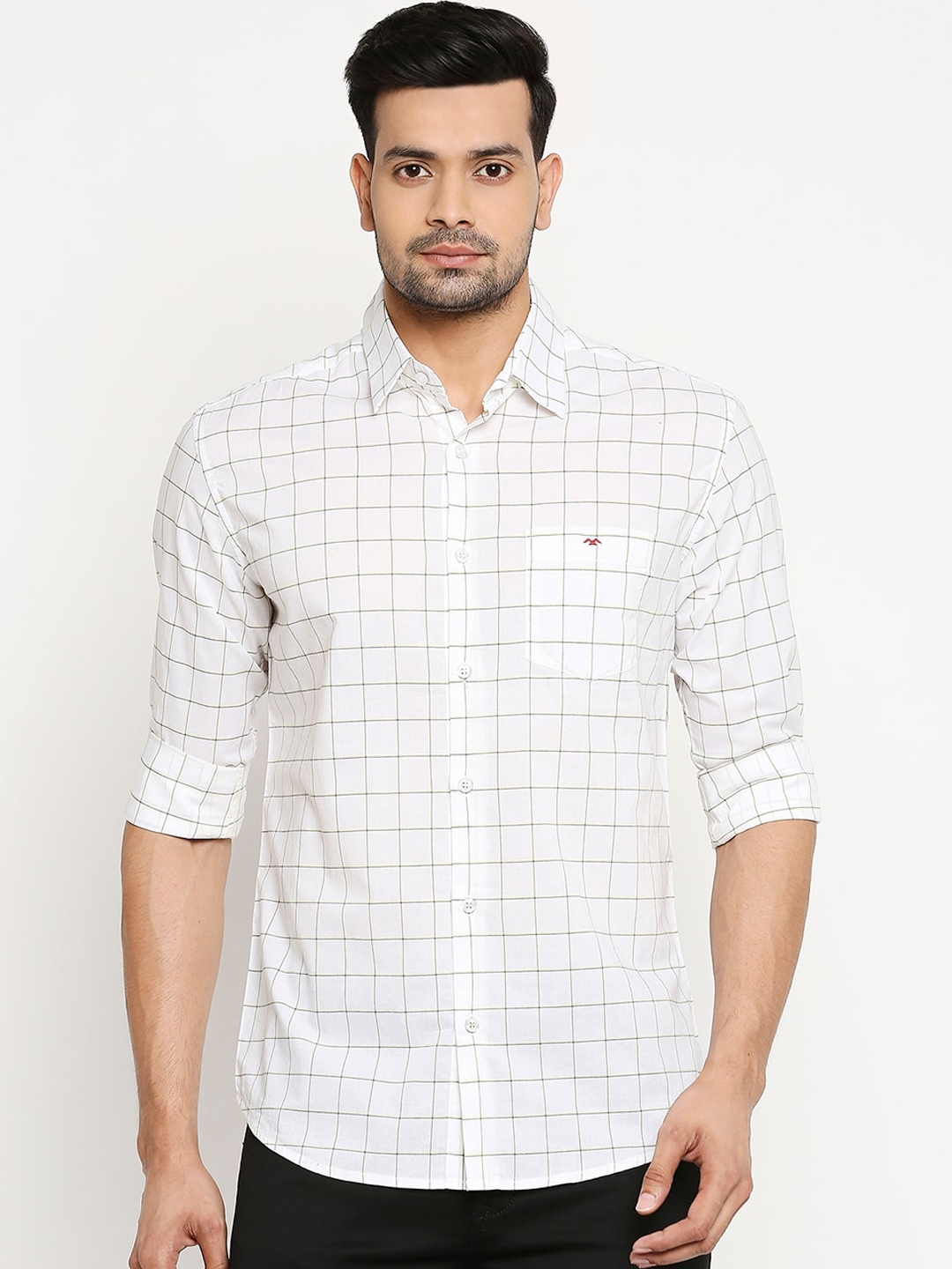 Buy Mufti Men White & Green Slim Fit Checked Pure Cotton Casual Shirt ...