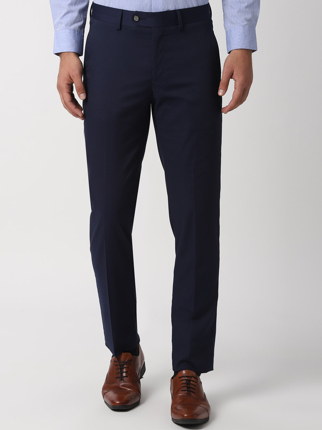 Buy Peter England Elite Men Navy Blue Slim Fit Solid Formal Trousers ...