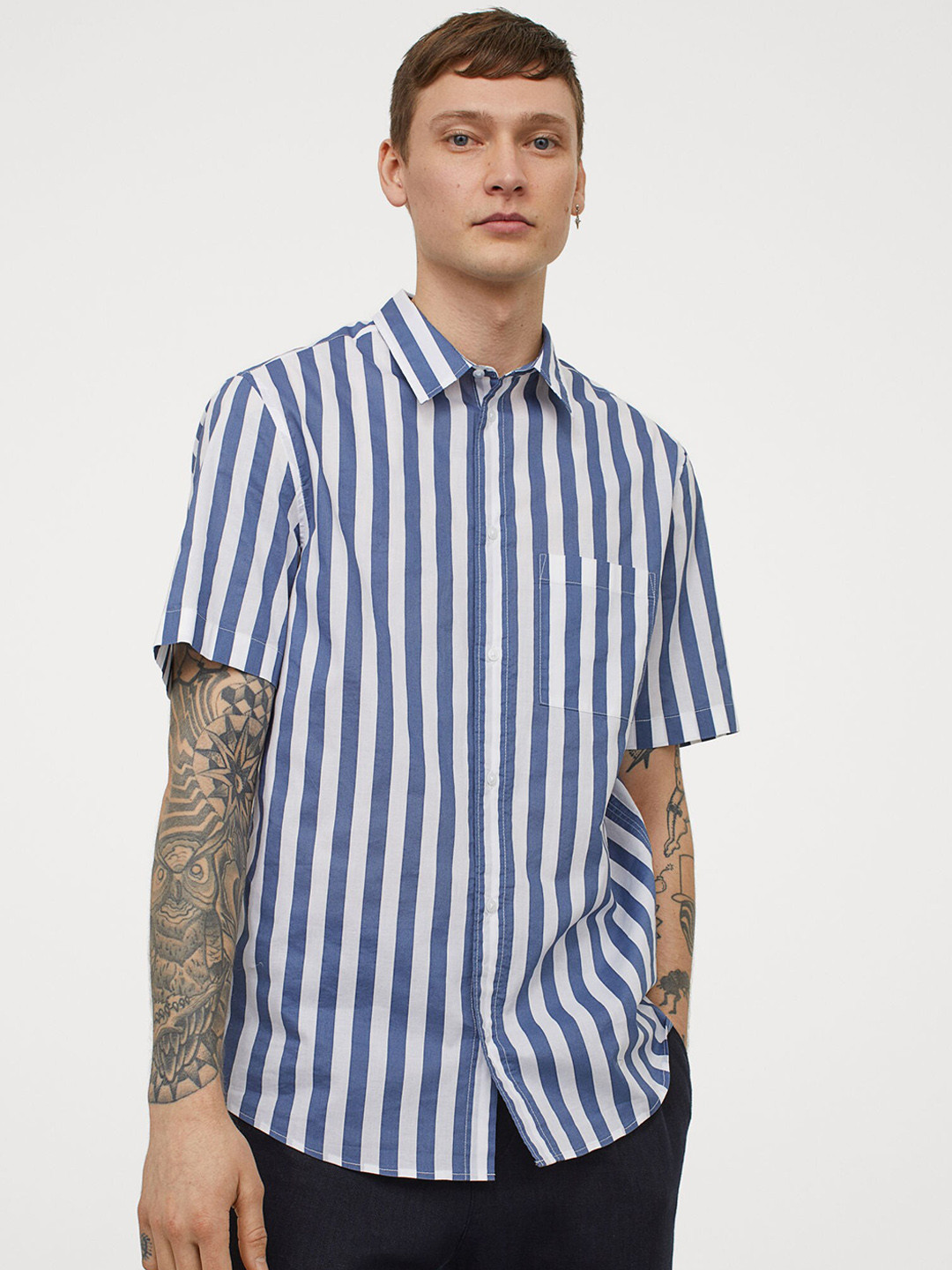 Buy H&M Men Blue & White Cotton Shirt Regular Fit Shirts for Men