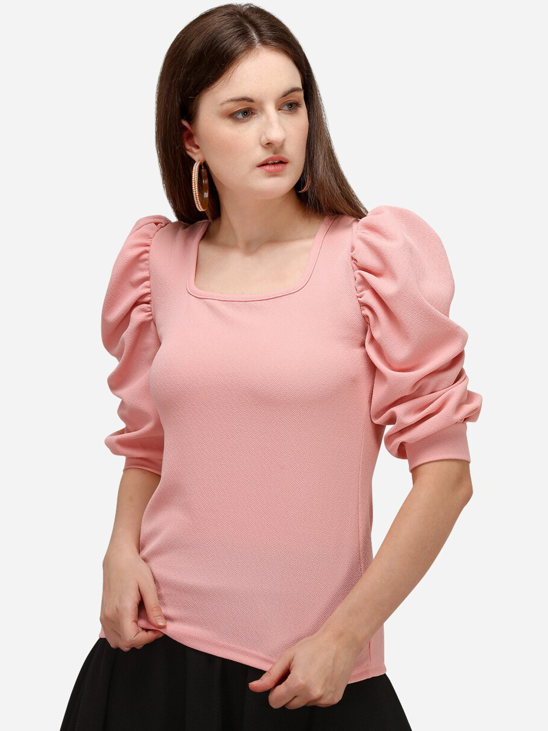 Buy Clothzy Pink Solid Puff Sleeves Regular Top Tops for Women