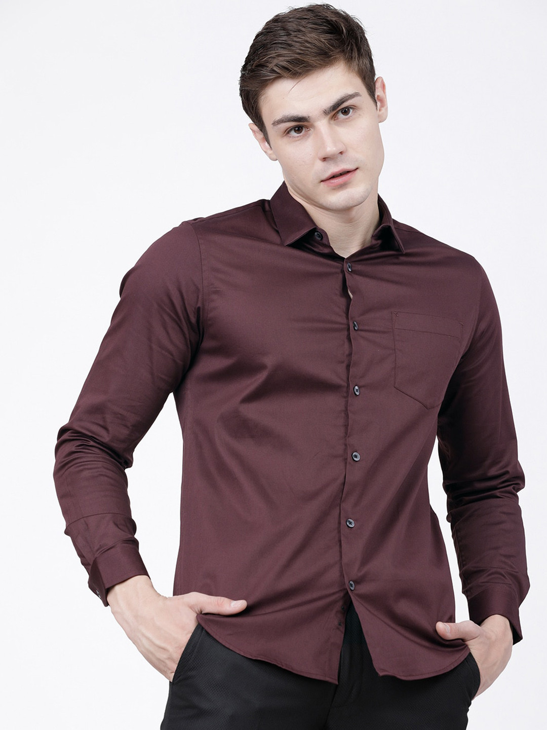 Buy HIGHLANDER Men Burgundy Slim Fit Solid Casual Shirt Shirts for