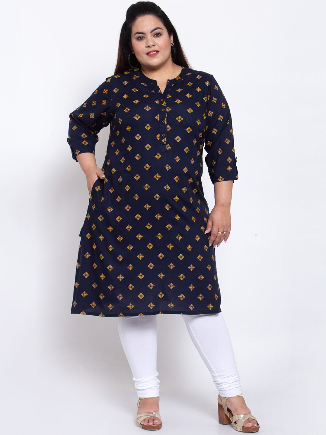 Women's Navy Blue Ethnic Motifs Printed Straight Kurta
