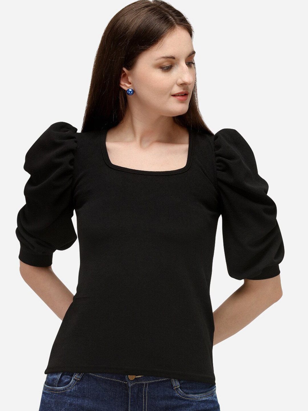 Buy Clothzy Black Solid Puff Sleeves Regular Top Tops for Women
