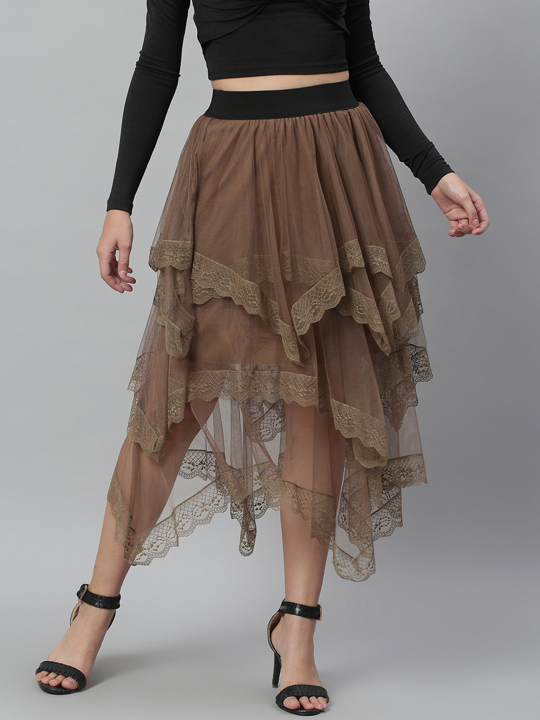 Buy KASSUALLY Brown Layered Lace Sheer Skirt Skirts for Women