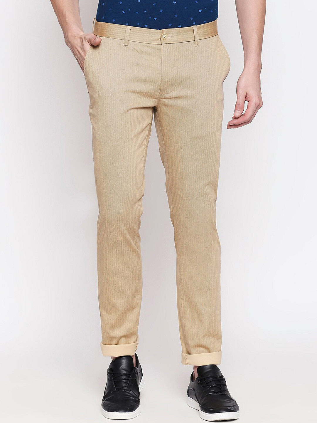 Buy Basics Men Khaki Tapered Fit Solid Regular Trousers Trousers for