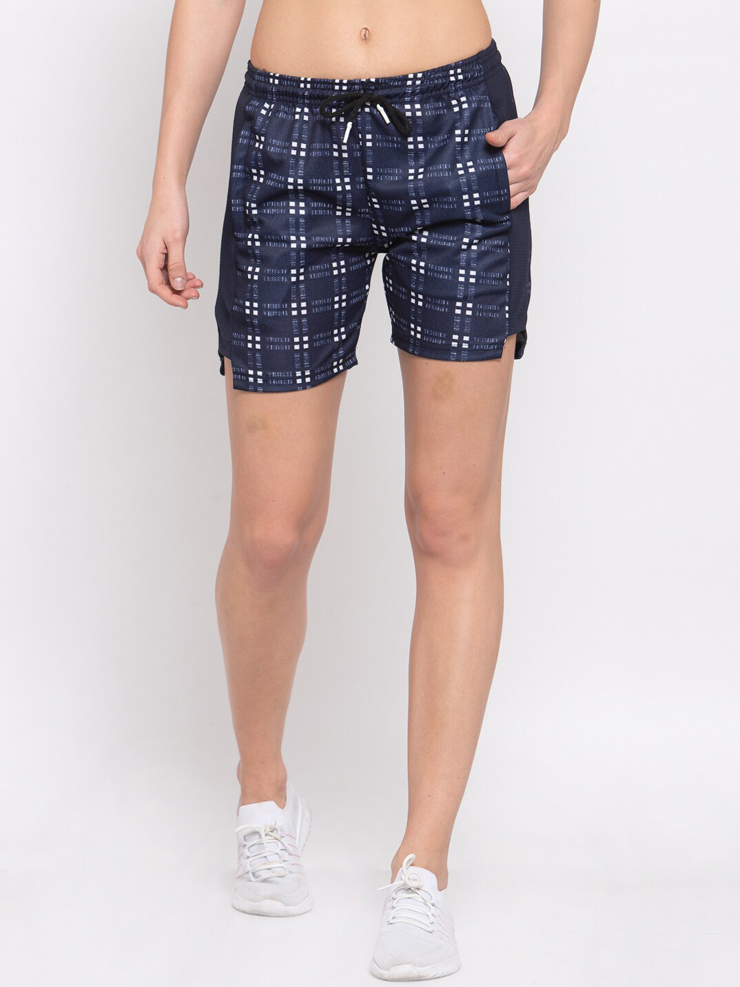 Buy KLOTTHE Women Navy Blue Checked Regular Fit Training & Gym Shorts