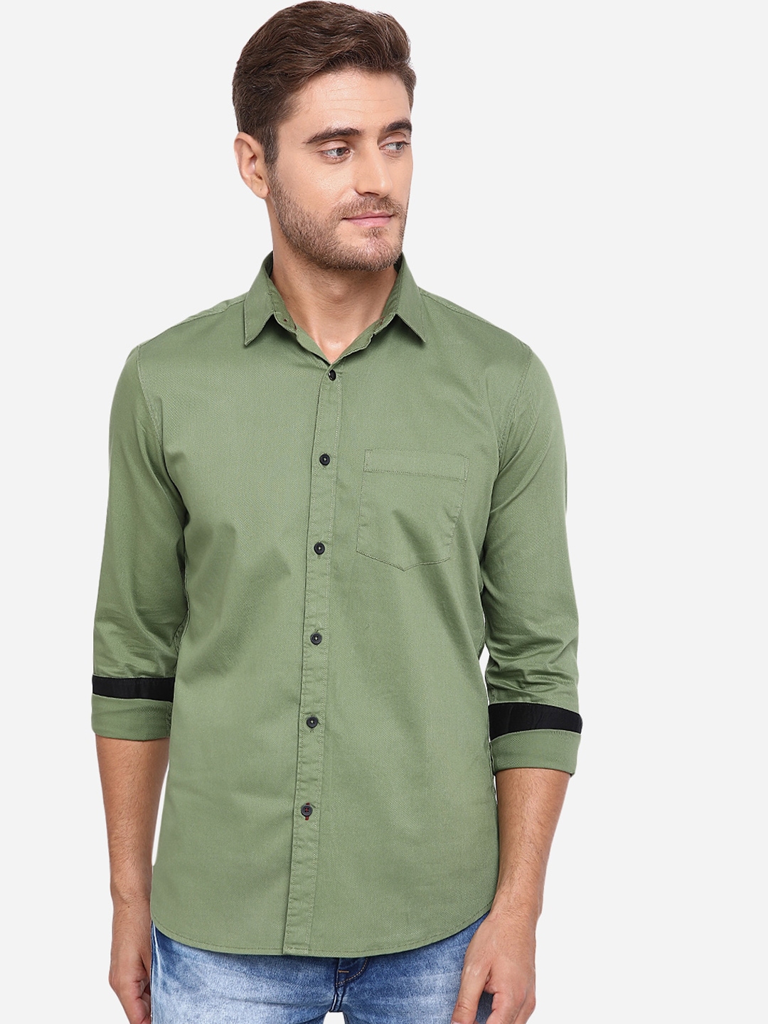 Buy JADE BLUE Men Green Slim Fit Solid Pure Cotton Casual Shirt ...