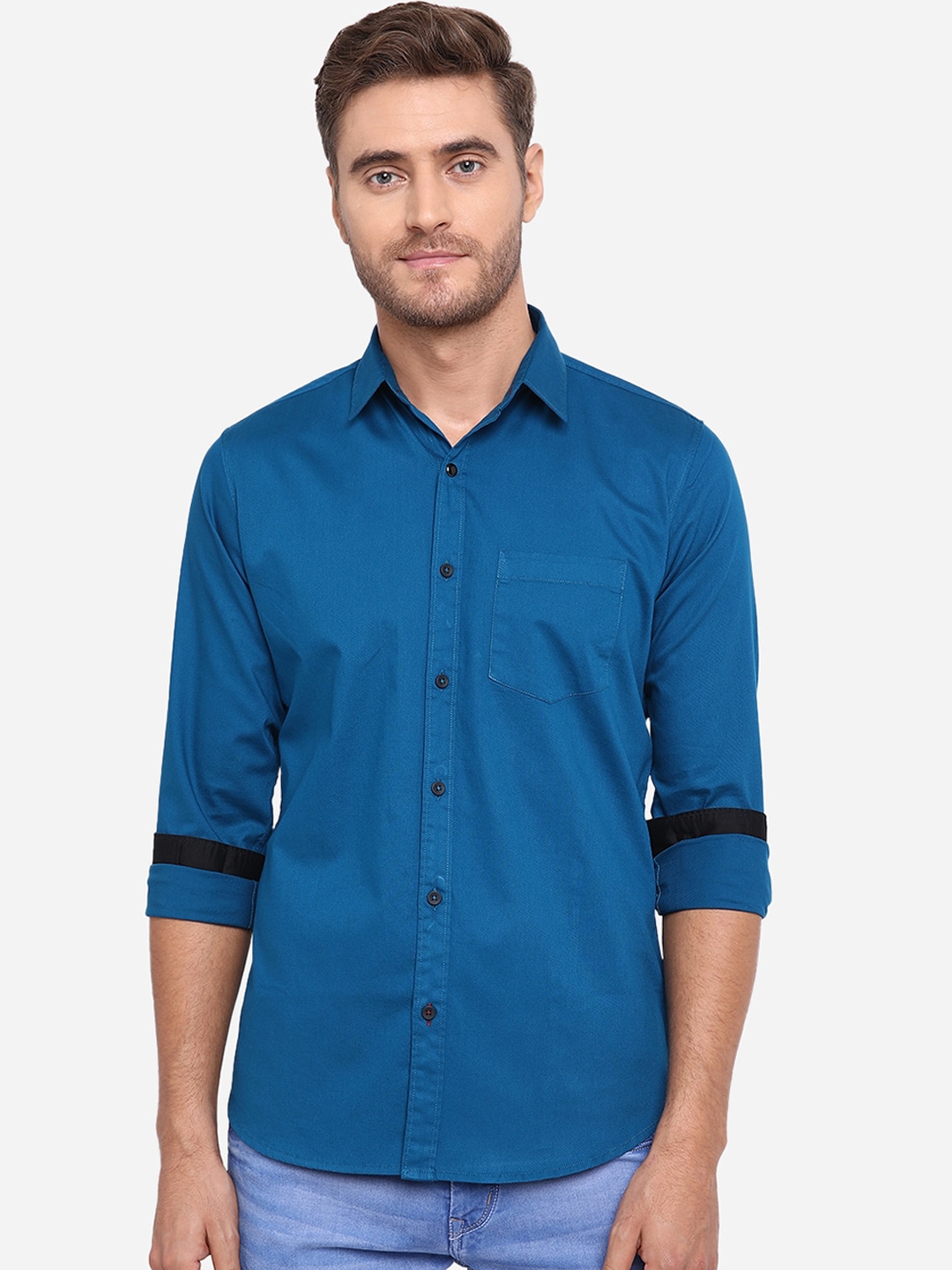 Buy JADE BLUE Men Blue Slim Fit Solid Pure Cotton Casual Shirt - Shirts ...