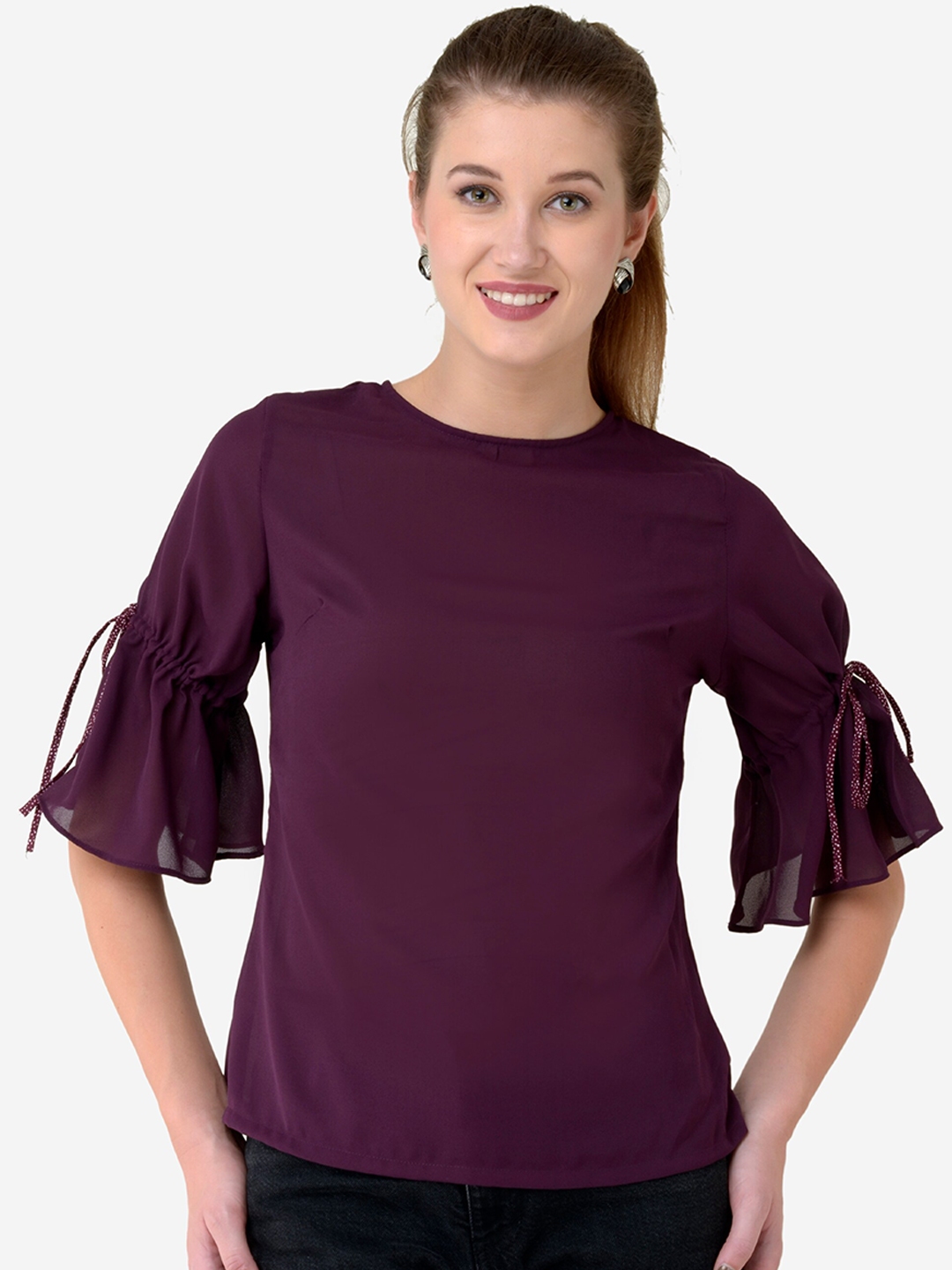 Buy V&M Purple Flared Sleeves Crepe Regular Top - Tops for Women ...
