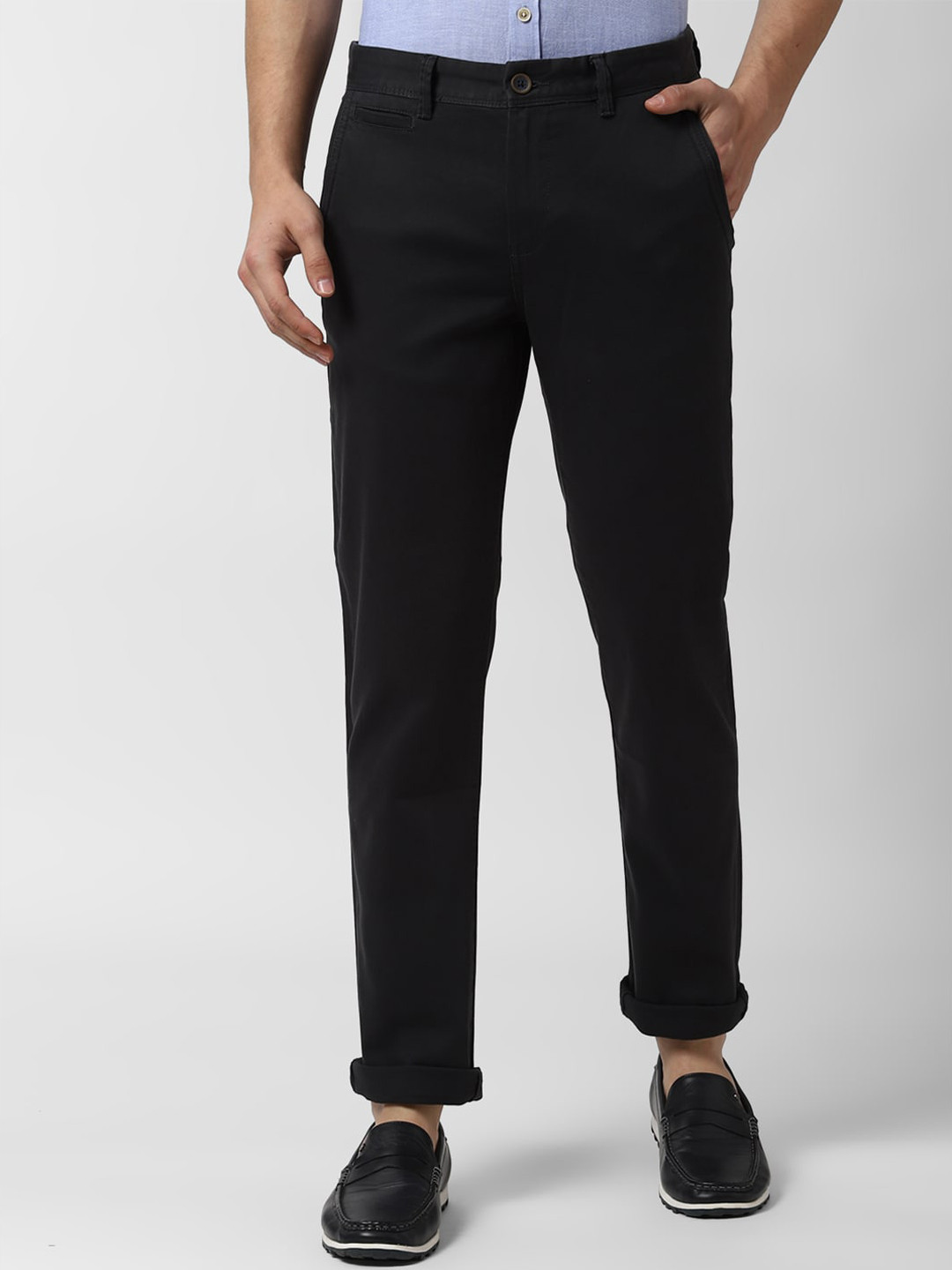 Buy Peter England Casuals Men Black Slim Fit Solid Regular Trousers