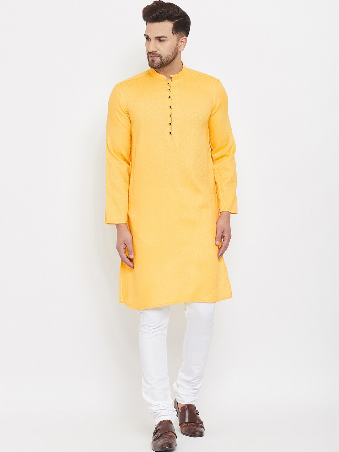 Men Yellow Woven Design Jacquard Straight Kurta