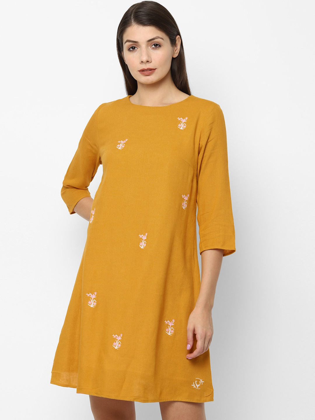 Buy Allen Solly Woman Mustard Yellow Embroidered A Line Dress Dresses