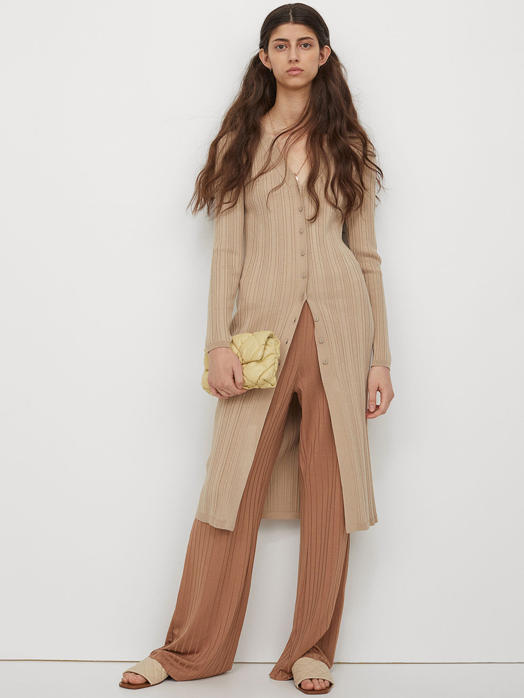 Buy H&M Women Dark Beige Wide Ribbed Trousers Trousers for Women